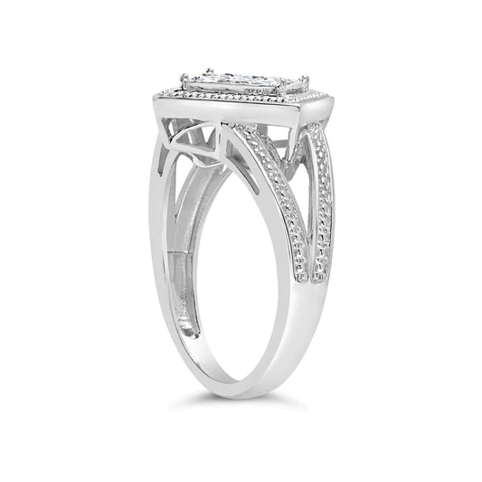 .925 Sterling Silver 1/3 Cttw Princess-Cut Diamond Rhombus and Beaded Halo Ring (H-I Color, SI1-SI2 Clarity)